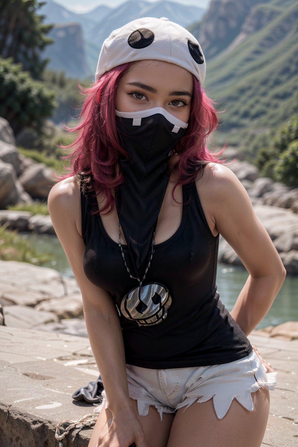   smile,   mature_woman, 27 years old, stern expression, frustrated, disappointed, flirty pose, sexy, looking at viewer, scenic view, Extremely Realistic, high resolution, masterpiece, 

1girl, solo, 1girl, skullgrunt, covered mouth, bandana, hat, tank top, short shorts, wristband, jewelry, necklace