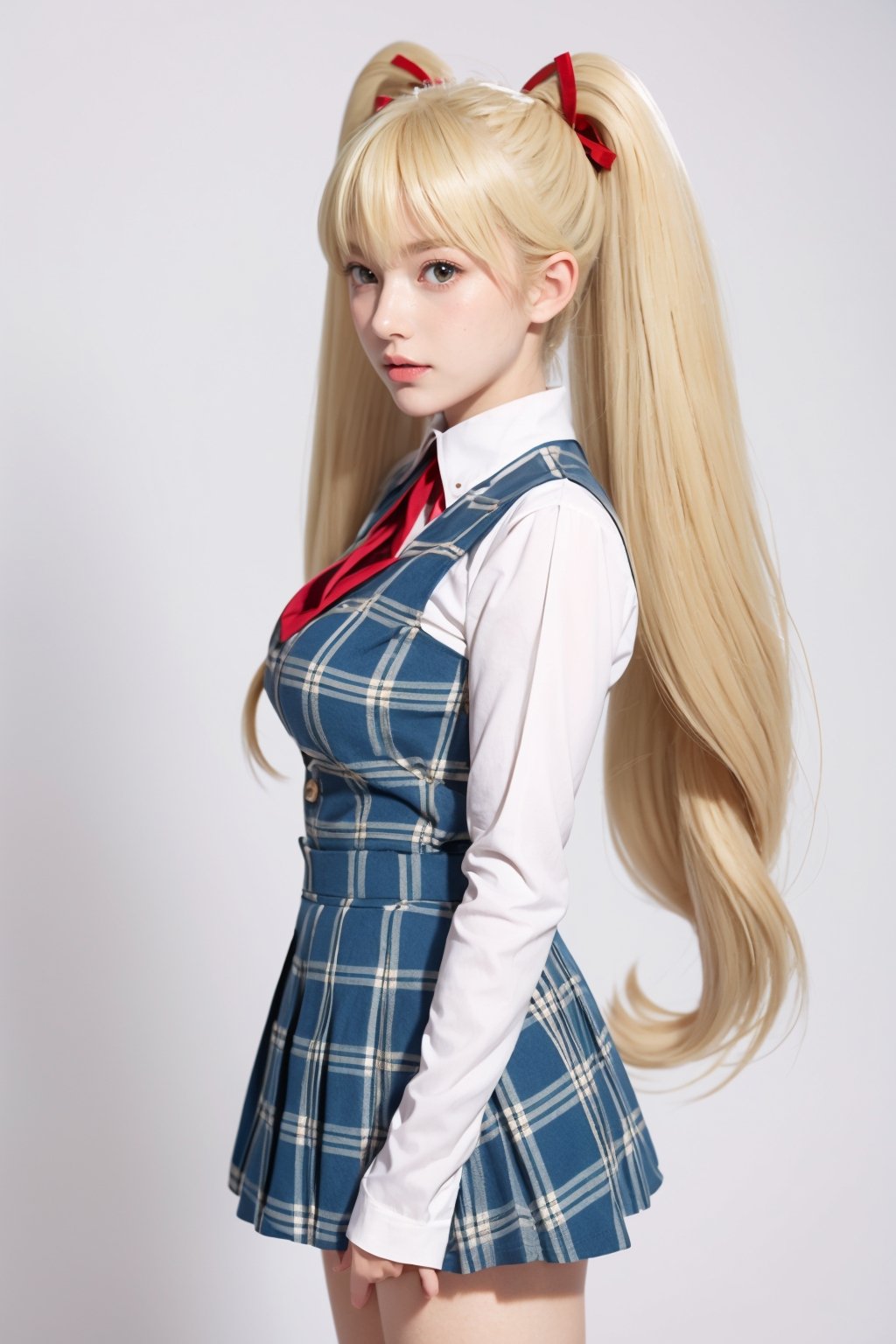 masterpiece, best quality, 1girl, solo, looking at viewer, breasts, , portrait, white background, simple background, 

TWINTAILS, TWIN DRILLS, Luna_MM, twin tails, drill hair, blonde, striped tights,blue dress, school uniform, skirt, blond_hair, big hair, big red ribbon in hair, ,Masterpiece