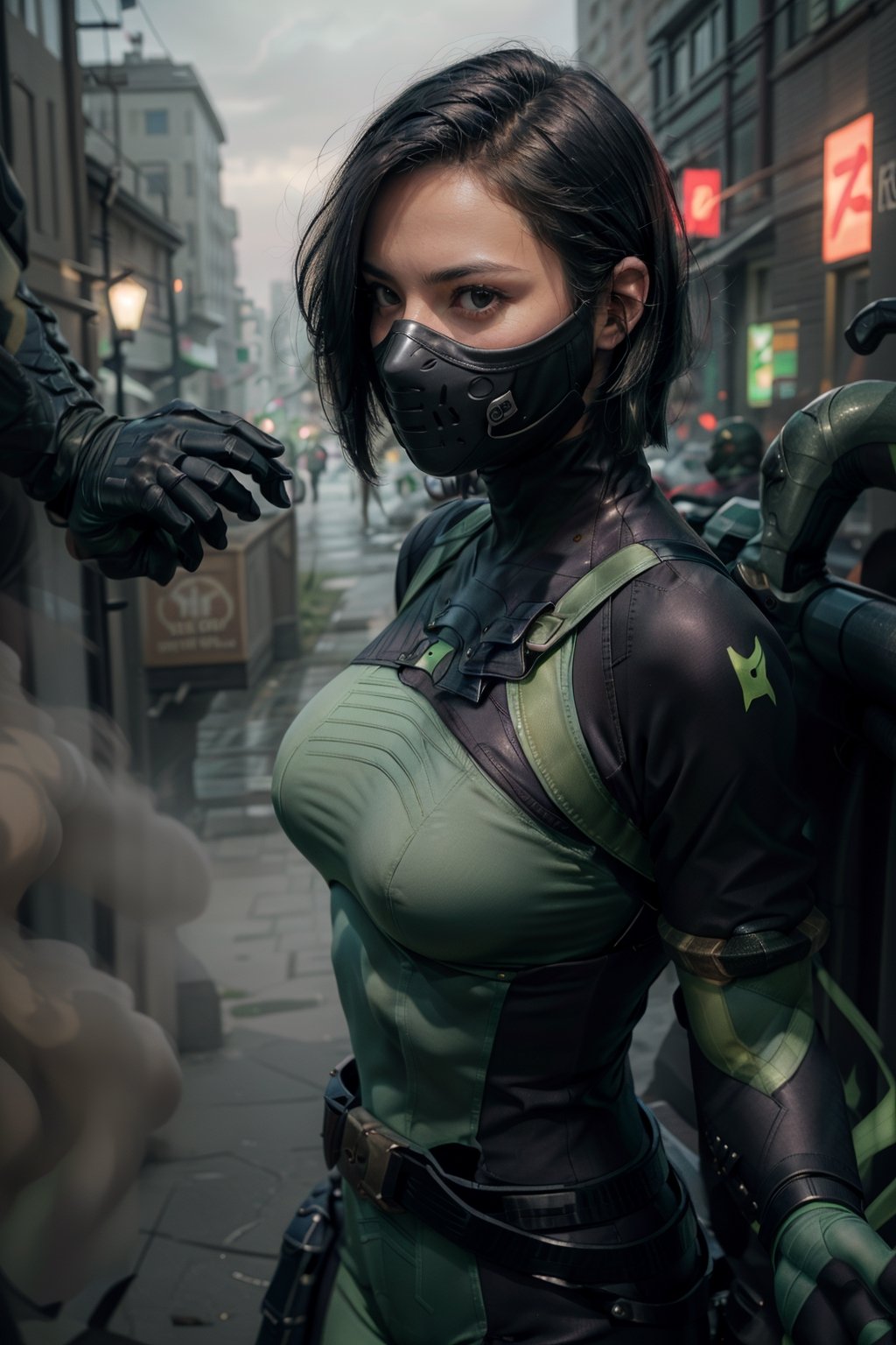   smile,   mature_woman, 27 years old, stern expression, frustrated, disappointed, flirty pose, sexy, looking at viewer, scenic view, Extremely Realistic, high resolution, masterpiece, 

valorantViper, green eyes, bodysuit, gloves, belt, respirator, from side, green smoke, darkness, smoke, city streets, grey skies, ocean