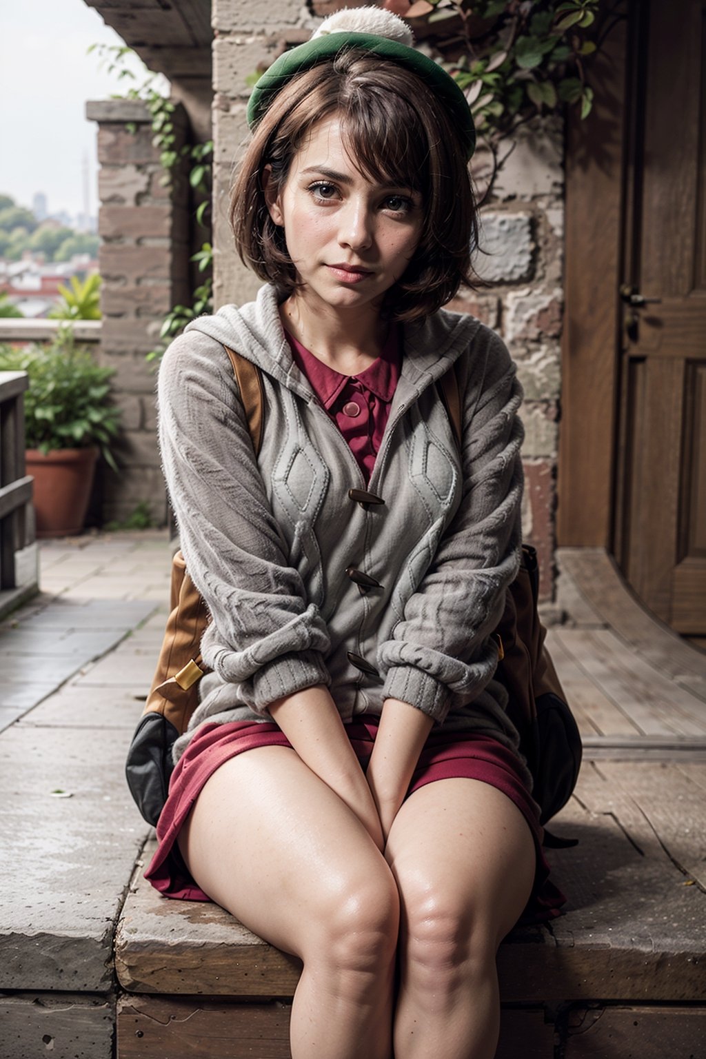   smile,   mature_woman, 27 years old, stern expression, frustrated, disappointed, flirty pose, sexy, looking at viewer, scenic view, Extremely Realistic, high resolution, masterpiece, 

gloria1, 1girl, gloria \(pokemon\), brown hair, solo, backpack, brown eyes, tam o' shanter, grey cardigan, pink dress, short hair, green socks, socks, brown bag, bob cut, bangs, long sleeves, collared dress,