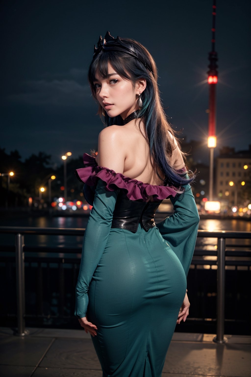   smile,   mature_woman, 27 years old, stern expression, frustrated, disappointed, flirty pose, sexy, looking at viewer, scenic view, Extremely Realistic, high resolution, masterpiece, 

bellelba, navy colored hair, medium hair, earrings, hair ornament, crown, detached collar, off-shoulder dress, teal dress with pink frills , long dress, wide sleeves, white elbow gloves, emotionless, 

cityscape, night, full body, from behind,

