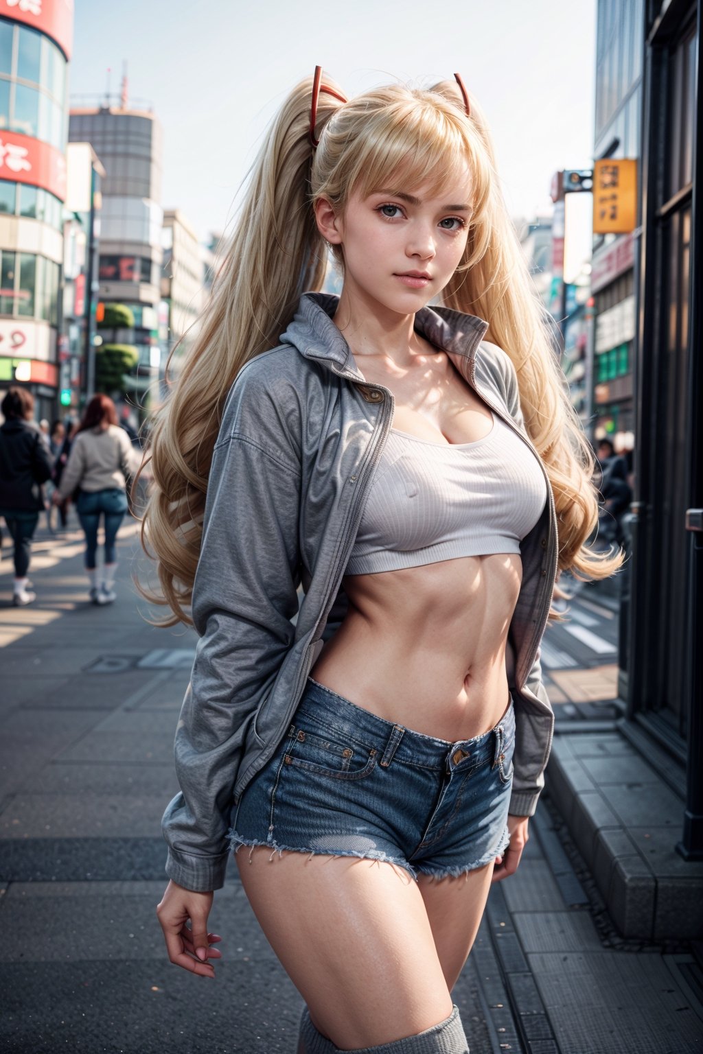   smile,   mature_woman, 27 years old, stern expression, frustrated, disappointed, flirty pose, sexy, looking at viewer, scenic view, Extremely Realistic, high resolution, masterpiece, 

TWINTAILS, TWIN DRILLS, Luna_MM, twin tails, drill hair, blonde, blond_hair, big hair, big red ribbon in hair,

 cowboy shot,  scenic view, smile,  parted lips ,

,((Shibuya　Japan:1.3)),((high socks, denim shorts, gray fleece jacket)),bagpipeqr, black t-shirt