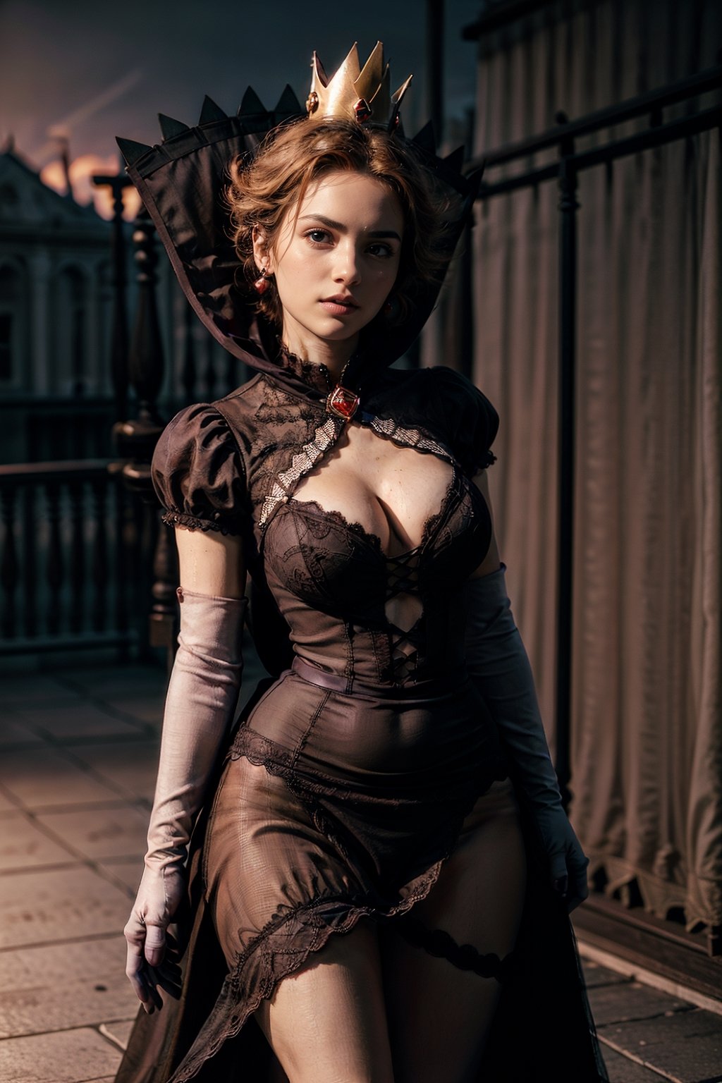   smile,   mature_woman, 27 years old, stern expression, frustrated, disappointed, flirty pose, sexy, looking at viewer, scenic view, Extremely Realistic, high resolution, masterpiece, 

shadow queen, crown, short hair, jewelry, high collar, dress, elbow gloves, cowboy shot,