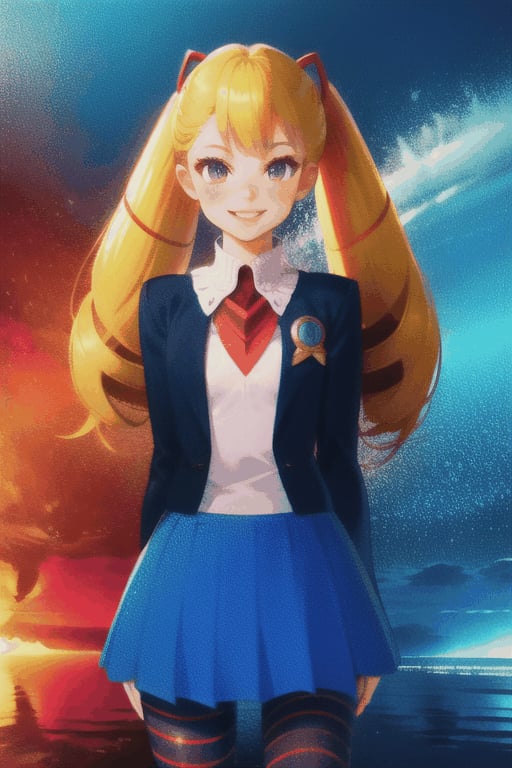 
TWINTAILS, TWIN DRILLS, Luna_MM, twin tails, drill hair, blonde, blond_hair, big hair, big red ribbon in hair, cowboy shot, scenic view, smile, parted lips , striped tights,blue dress, school uniform, skirt, 

exploding fireworks ,CLOUD