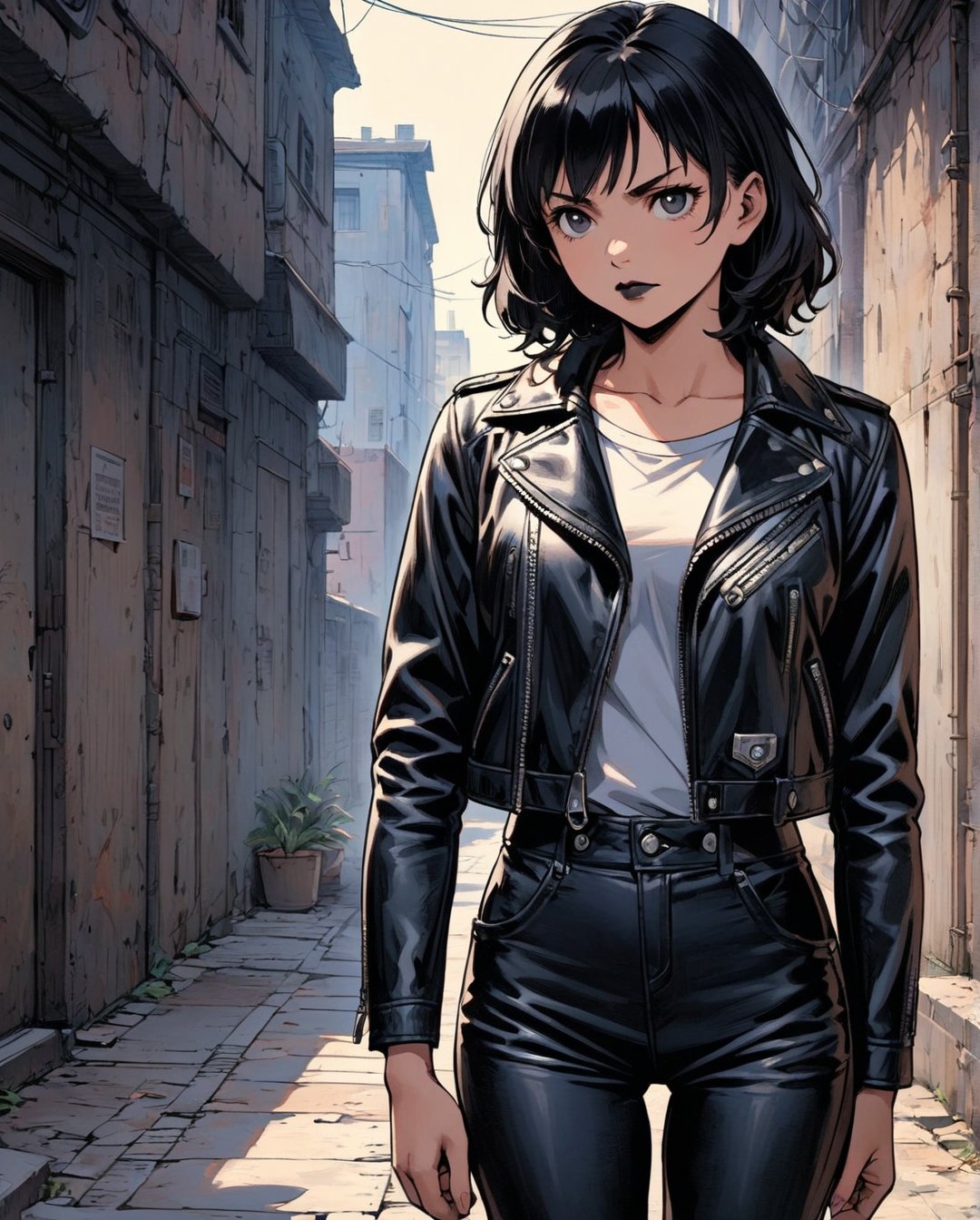 (masterpiece, best quality, highly detailed, ultra-detailed, intricate), illustration, pastel colors, offcial art,

Araki Hirohiko style, Flat-colored still of a photo of a Masterpiece, photorealistic, highly detailed, a young woman with smooth  dark long black hair with bangs and black eyes and black lips, wearing leather jacket and leather pants, standing, looking at camera, in a gloomy smoke filled alley at night with a full moon.,... anime girl from a 80s Anime portrayed by hajime sorayama, looking away from the viewer, solemn expression