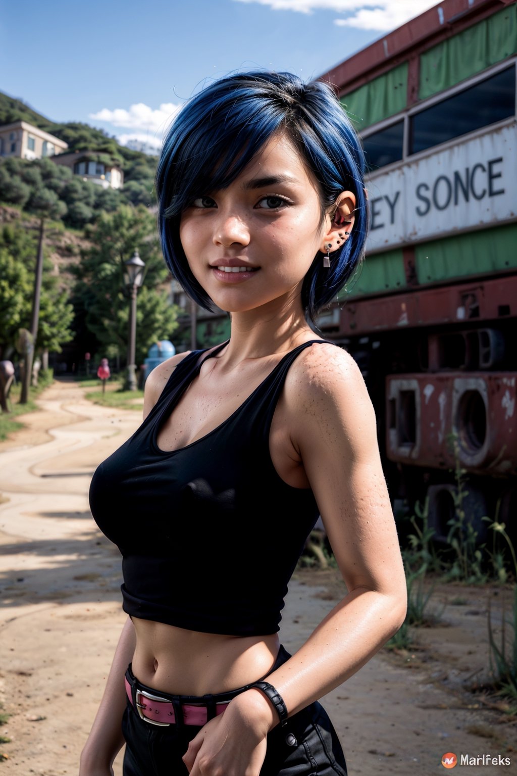   smile,   mature_woman, 27 years old, stern expression, frustrated, disappointed, flirty pose, sexy, looking at viewer, scenic view, Extremely Realistic, high resolution, masterpiece, 

MarieK,short blue hair,ear piercing,hair over one eye,freckles,black eyes,makeup,standing,smiling, upper body, black shirt,black wristbands,midriff,belt,
