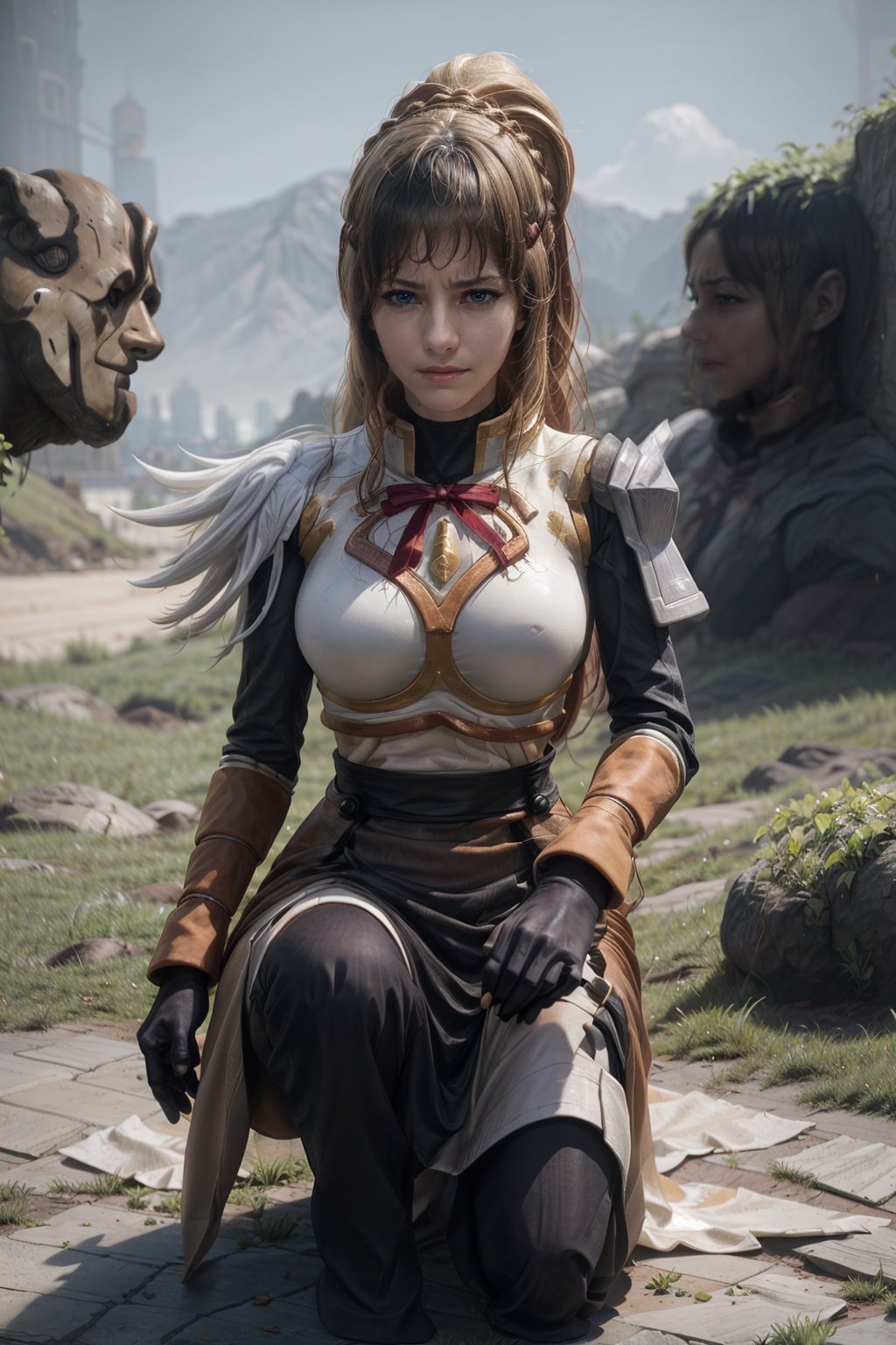   smile,   mature_woman, 27 years old, stern expression, frustrated, disappointed, flirty pose, sexy, looking at viewer, scenic view, Extremely Realistic, high resolution, masterpiece, 

, long hair, blonde hair, x hair ornament, armor, blue eyes, ponytail, hair ornament, gloves, shoulder armor, braid, black gloves, pauldrons, white boots, darkness \(konosuba\),