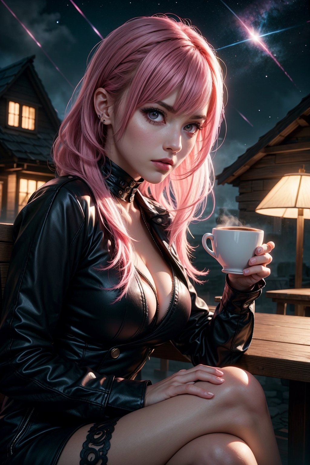 1 girl, pink hair, long hair, hair forward, long hair, pink eyes, intimidating look, deep look, sitting with a cup of coffee, looking into the camera, perfect face, beautiful eyes, beautiful house at night, sitting , beautiful night, shooting star, mix of fantasy and realism, hdr, ultra hd, 4k, 8k,GlowingRunes_