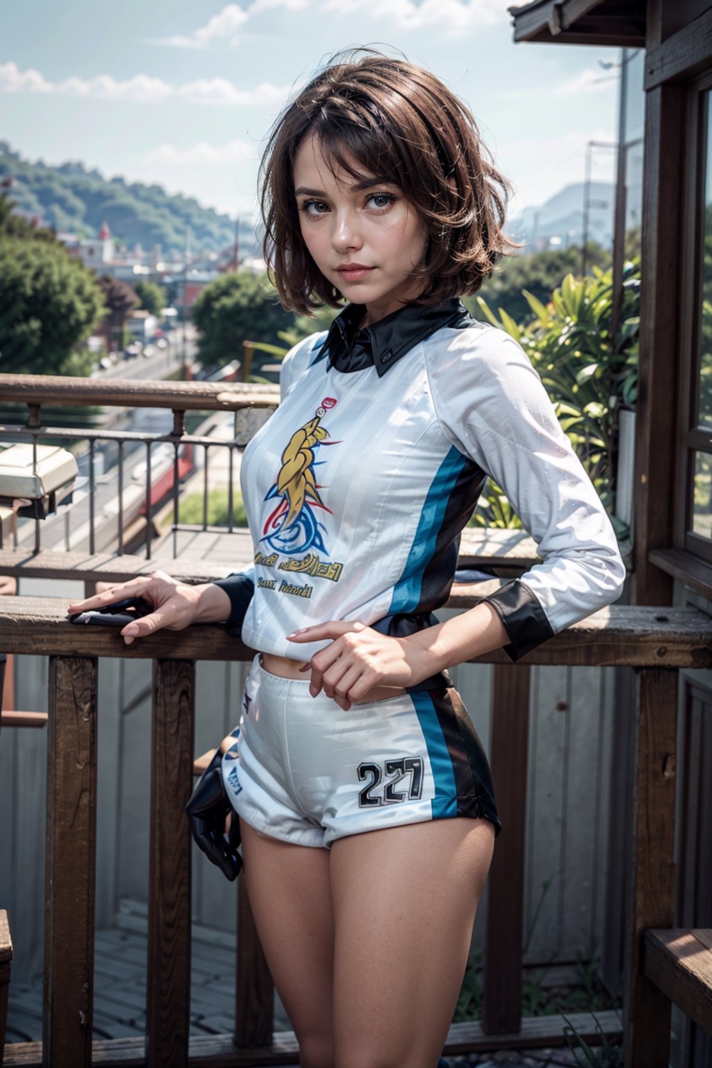   smile,   mature_woman, 27 years old, stern expression, frustrated, disappointed, flirty pose, sexy, looking at viewer, scenic view, Extremely Realistic, high resolution, masterpiece, 

gloria2, 1girl, solo, brown eyes, brown hair, single glove, gloria \(pokemon\), bangs, collared shirt, white socks, white shorts, short hair, partially fingerless gloves, short shorts, kneehighs, striped shirt, bob cut, print shirt, vertical stripes, eyelashes,