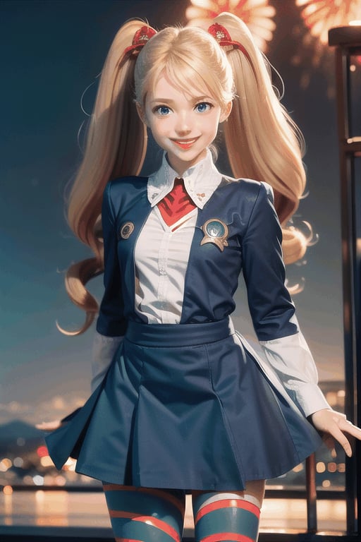 
TWINTAILS, TWIN DRILLS, Luna_MM, twin tails, drill hair, blonde, blond_hair, big hair, big red ribbon in hair, cowboy shot, scenic view, smile, parted lips , striped tights,blue dress, school uniform, skirt, 

exploding fireworks ,