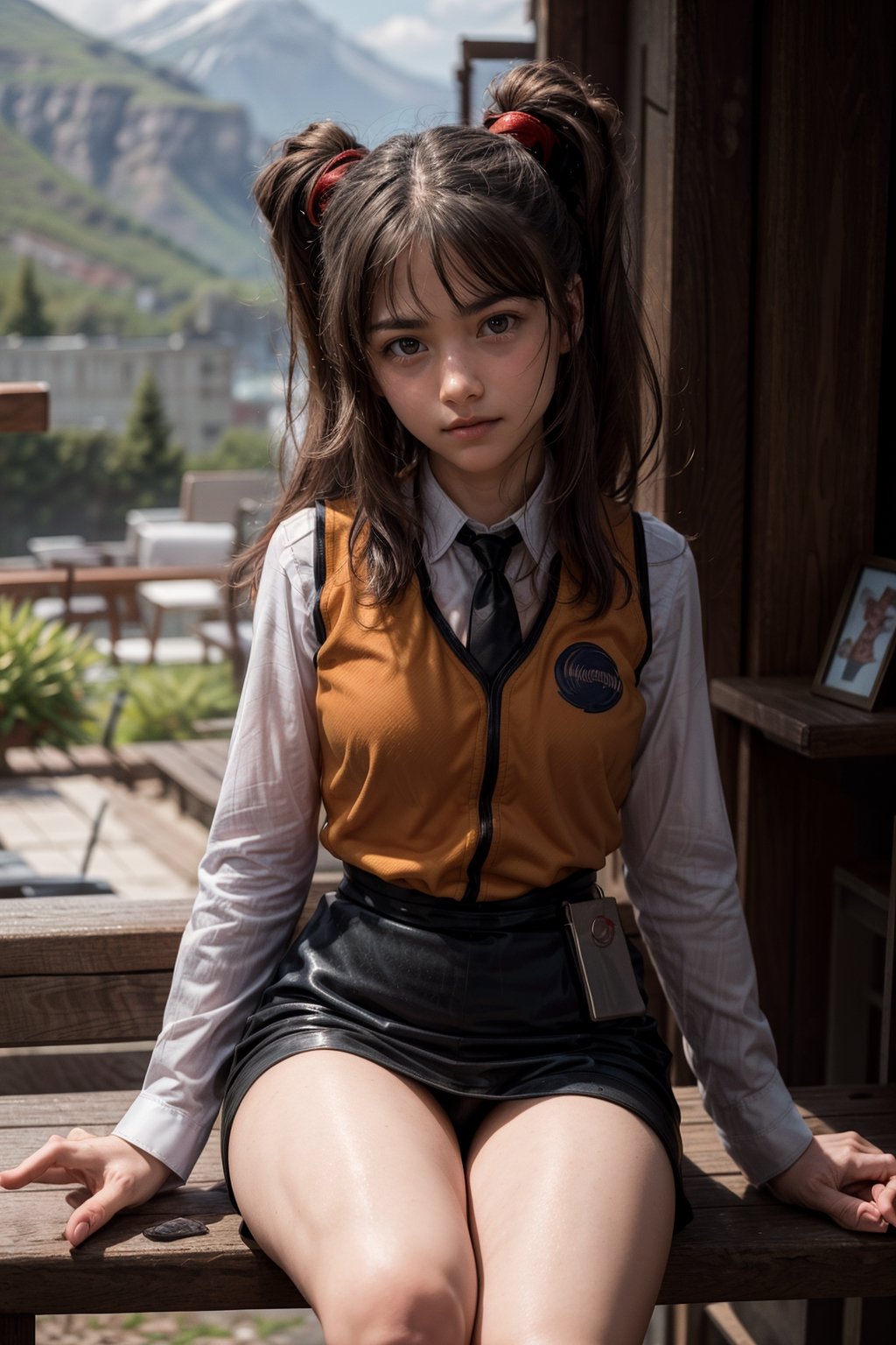   smile,   mature_woman, 27 years old, stern expression, frustrated, disappointed, flirty pose, sexy, looking at viewer, scenic view, Extremely Realistic, high resolution, masterpiece, 

aaruri, black necktie, orange vest, long sleeves, black skirt,