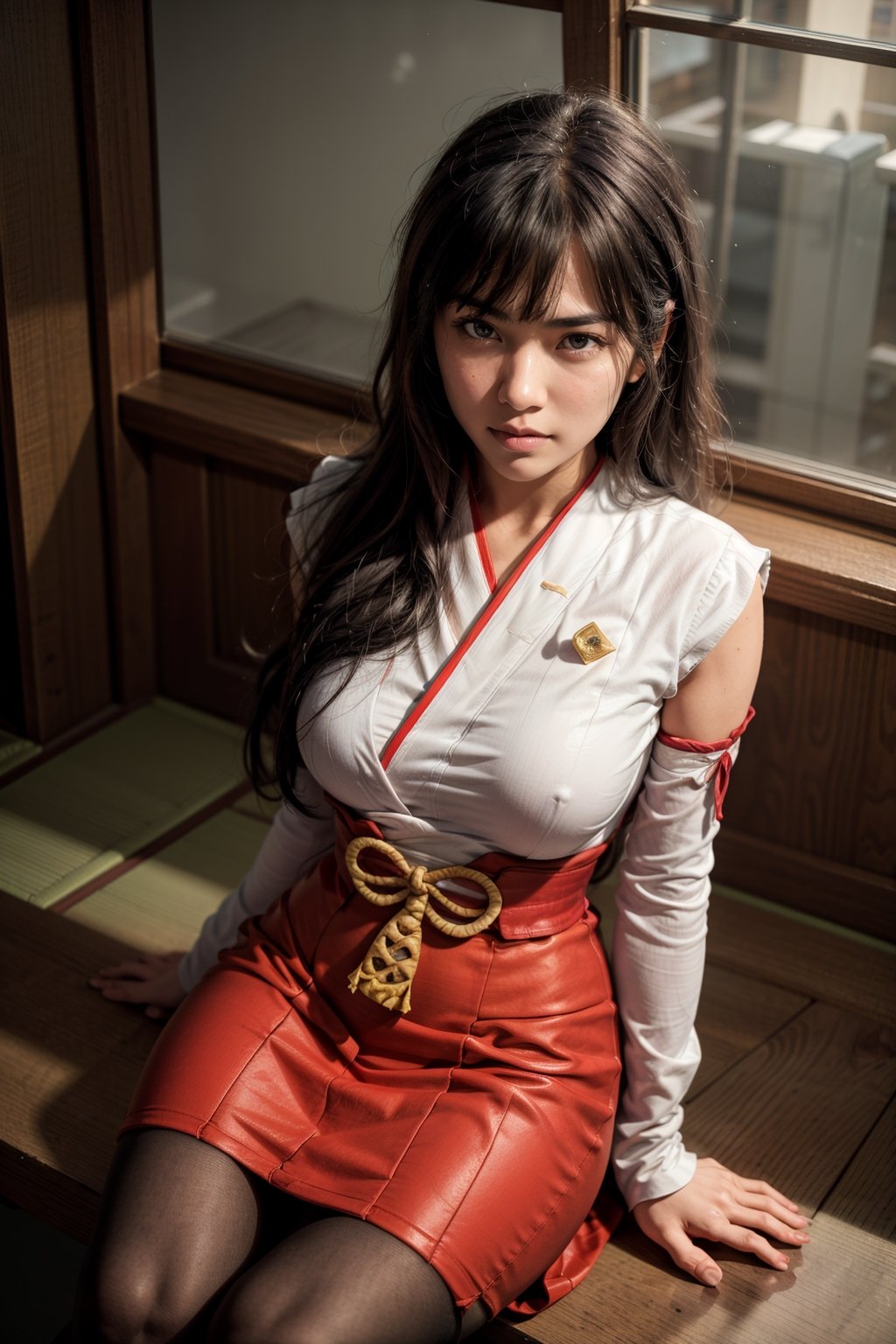   smile,   mature_woman, 27 years old, stern expression, frustrated, disappointed, flirty pose, sexy, looking at viewer, scenic view, Extremely Realistic, high resolution, masterpiece, 

nysabrina, low-tied long hair, blunt bangs, japanese clothes, red skirt, sash, detached sleeves, pantyhose, emotionless,
 

sitting_on_knees, indoors, japanese architecture, from above



