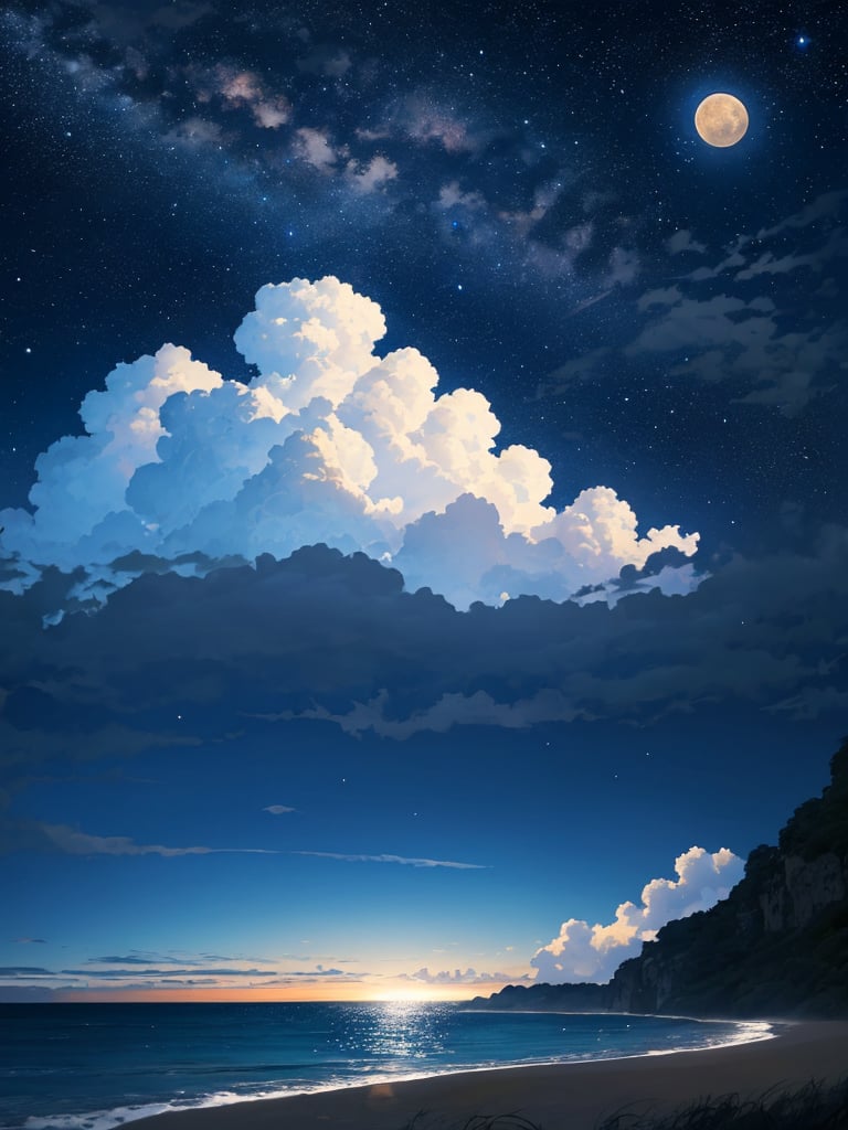 scenery, no humans, cloud, sky, star \(sky\), outdoors, horizon, cloudy sky, ocean, starry sky, planet, blue theme, night, moon, night sky, water, landscape