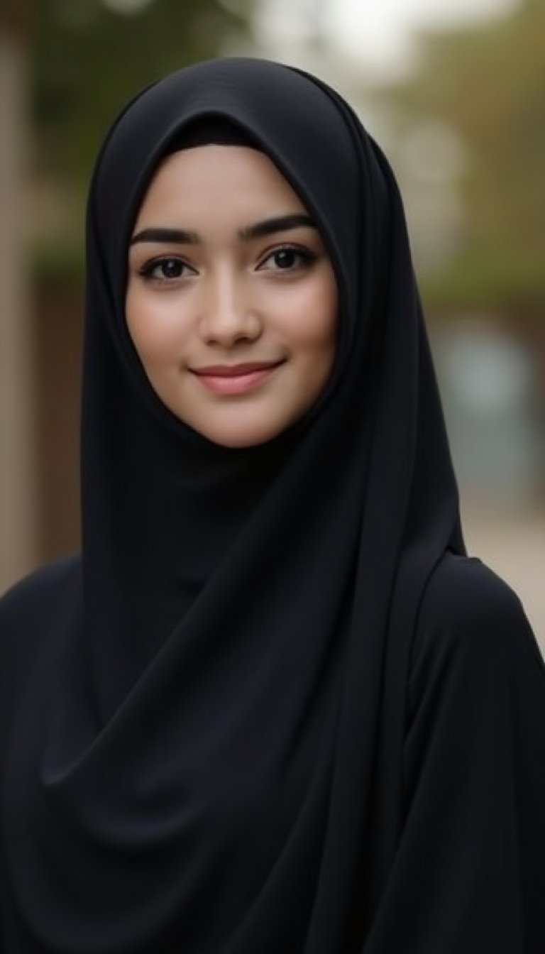 A full shot of a youthful female wearing full hijab with black colours,CK