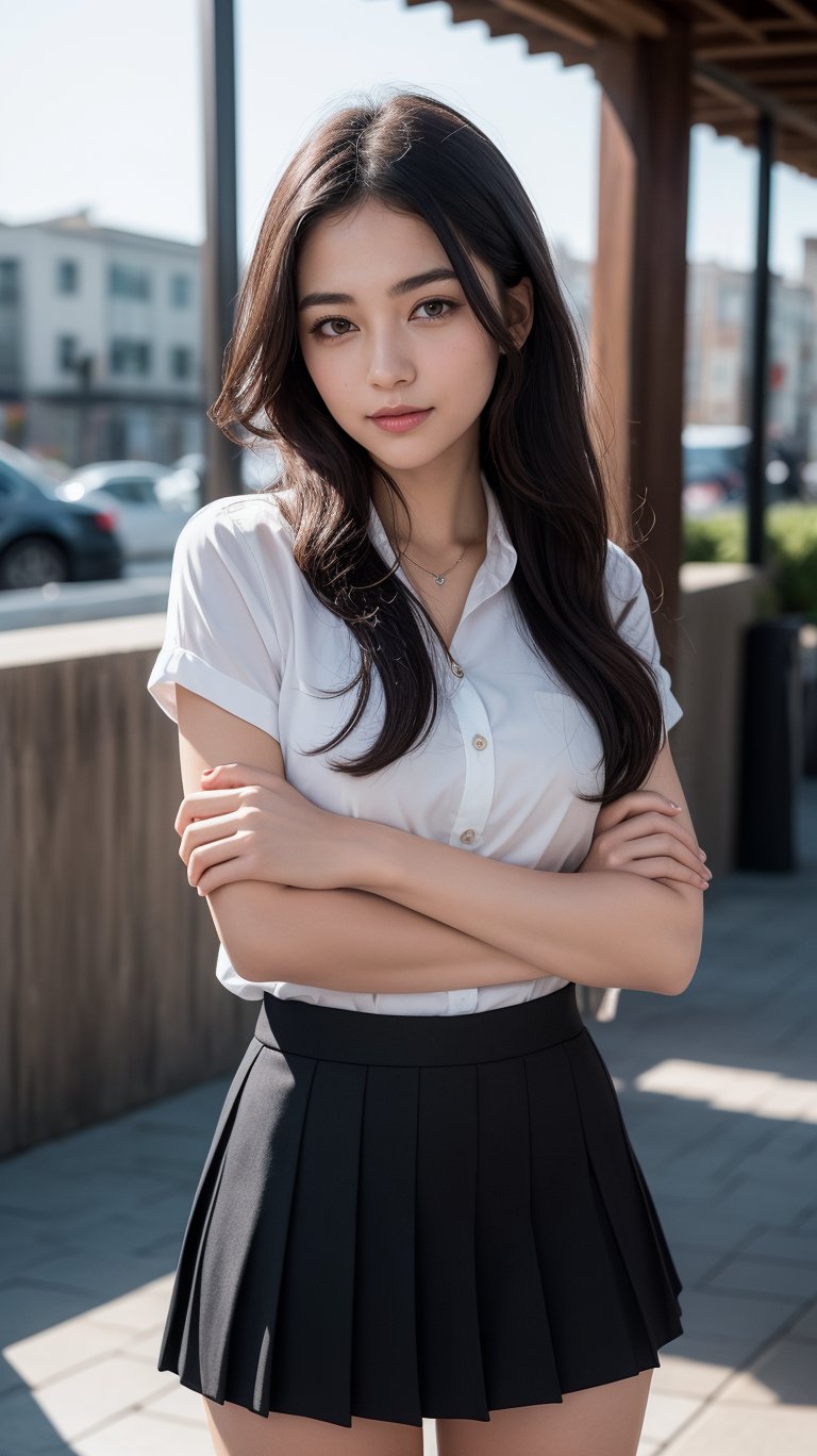 Capture a masterpiece of photography featuring a stunning girl with long, curly black hair (1.1) and intricate details in her school uniform, complete with a miniskirt and random colors. The scene is set in front of a striking fractal pattern (abstract) that creates a sense of depth and dimensionality. Professional HDR lighting (8k UHD RAW photo) casts a cinematic glow, accentuating the subject's features while also capturing the subtle play of iridescent lighting on her skin. Jewelry (1.4) adorns her neck, drawing attention to her radiant smile as she faces the viewer directly. The image is rendered in breathtaking detail, with every curl of hair and fold of fabric meticulously captured. Apply a realistic LUT for a true-to-life representation.