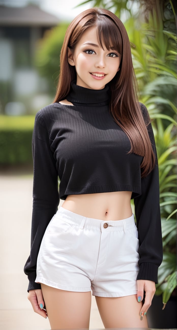 score_9, score_8_up, score_7_up, 1girl, solo, long hair, looking at viewer, smile, bangs, skirt, brown hair, long sleeves, navel, brown eyes, standing, parted lips, pleated skirt, midriff, nail polish, grin, blurry, sweater, crop top, fingernails, sleeves past wrists, turtleneck, plant, lipstick, white shorts, realistic, black sweater, cropped sweater,