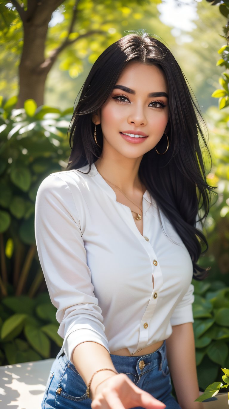 A serene masterpiece capturing the essence of youthful charm. A stunning young woman with a radiant smile gazes directly into the camera lens, her upper body framed by lush greenery as sunlight filters through the treetops. She wears a soft cotton shirt, exuding warmth and casual elegance against the brilliant blue sky. Her outstretched hand appears to reach out to the viewer, drawing us in with an invitation to connect.