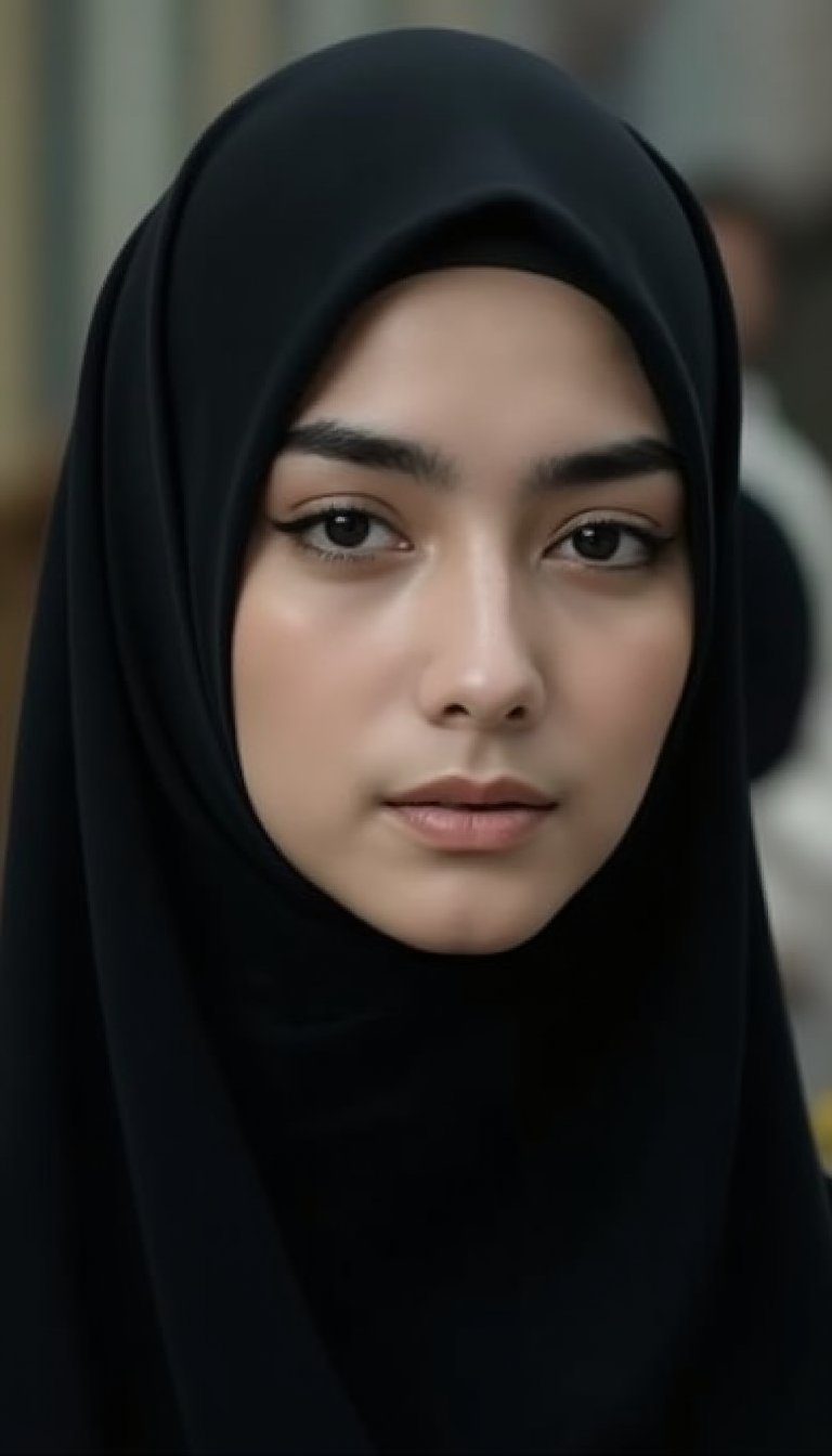 A close-up shot of a youthful female wearing full hijab with black colours,CK