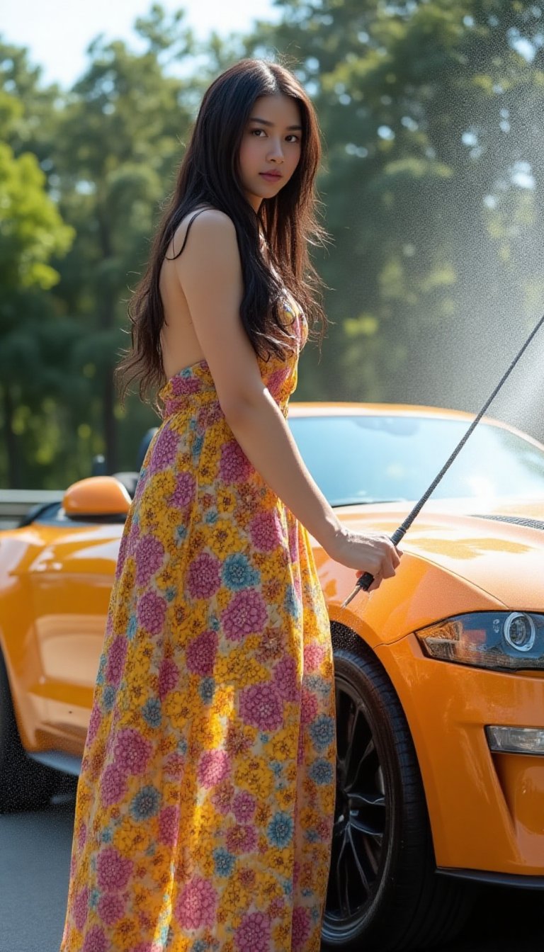 A vibrant young woman, clad in a floral mini oversize dress, mid-splash as she scrubs her sporty car's exterior under warm sunlight. She stands lean forward, water droplets glistening on her wet dress, highlighting the texture of the fabric. The camera frames her from the side, capturing subtle highlights on her hair and shoulders, as she poses with pride and independence, her confident expression radiating through the spray, a splash of water forming a small arc in front of her, emphasizing her carefree spirit.