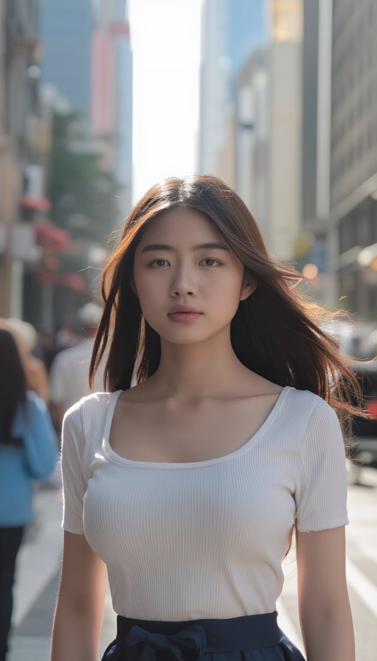 A slutry young woman in a crisp white fitted blouse and navy blue pleated minin skirt, her school uniform attire, walks as a pedestrian on a busy city street. Framed by towering skyscrapers, the warm sunlight casts a gentle glow on her features, accentuating her youthful innocence.