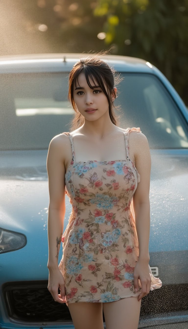 A vibrant young woman, clad in a floral mini dress, mid-splash as she scrubs her sporty car's exterior under warm sunlight. She stands tall, water droplets glistening on her wet dress, highlighting the texture of the fabric. The camera frames her from the side, capturing subtle highlights on her hair and shoulders, as she poses with pride and independence, her confident expression radiating through the spray, a splash of water forming a small arc in front of her, emphasizing her carefree spirit.