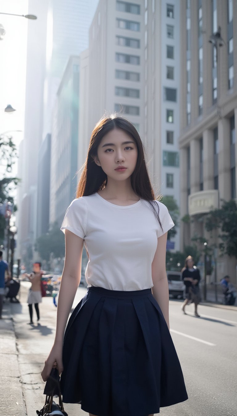 A slutry young woman in a crisp white fitted blouse and navy blue pleated minin skirt, her school uniform attire, walks as a pedestrian on a busy city street. Framed by towering skyscrapers, the warm sunlight casts a gentle glow on her features, accentuating her youthful innocence.