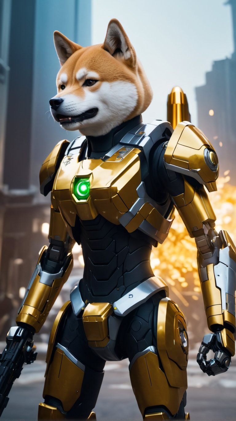 A futuristic battle scene unfolds as an angry Shiba Inu dog mecha robo soldier character, anthropomorphized and clad in sleek, reflective armor, stands firmly with a golden staff held aloft. RGB lighting dances across the suit's metallic surfaces, casting a mesmerizing glow on the darkened environment. Cinematic lighting illuminates the scene, exaggerating the mecha's features through intense contrast and depth of field. The camera captures every detail in 32K UHD resolution, rendering the character's realistic textures and intricate design with hyperdetailed precision. A cute little girl, perhaps a commanding officer or loyal ally, stands nearby, observing the mecha's determined stance amidst a backdrop of futuristic devastation.