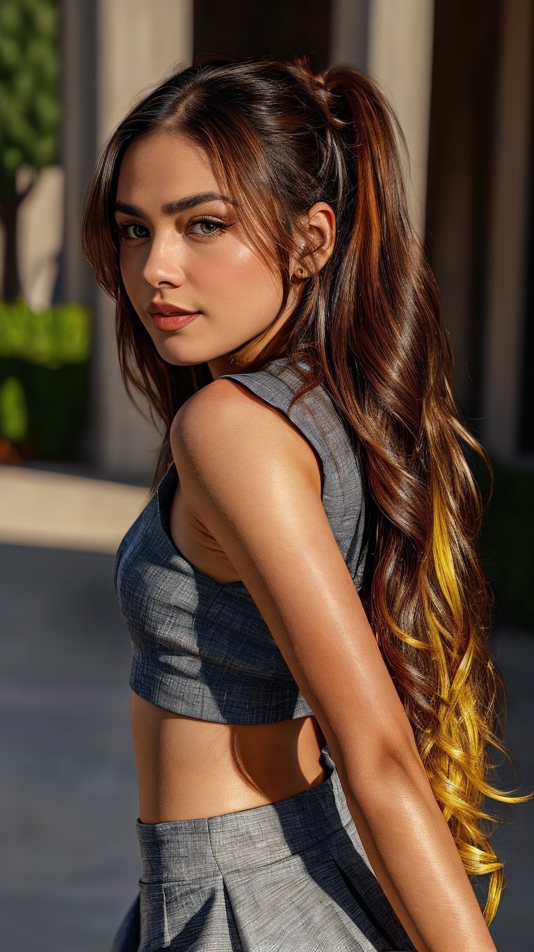 A close-up shot of a stunning girl athlete wearing a short skirt and a ponytail atop her head. Her long brown locks cascade down her back with vibrant yellow highlights that catch the light. Her bright blue eyes sparkle with intensity as she applies bold red lipstick. The camera frames her face, emphasizing the masterful makeup job and the hyper-qualitative details of her appearance. A realistic style captures the textures of her hair and skin, creating a masterpiece of visual artistry.