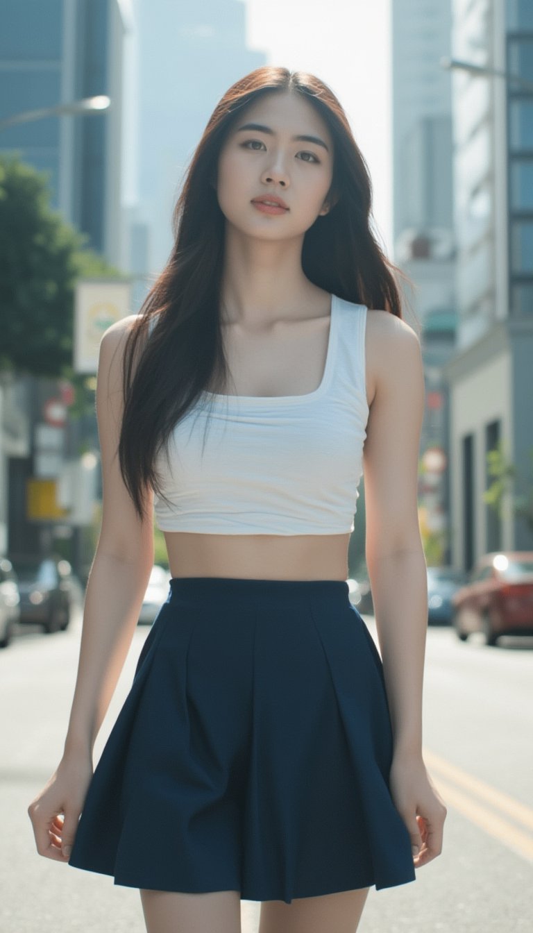 A slutry young woman in a crisp white fitted blouse and navy blue pleated minin skirt, her school uniform attire, walks as a pedestrian on a busy city street. Framed by towering skyscrapers, the warm sunlight casts a gentle glow on her features, accentuating her youthful innocence.