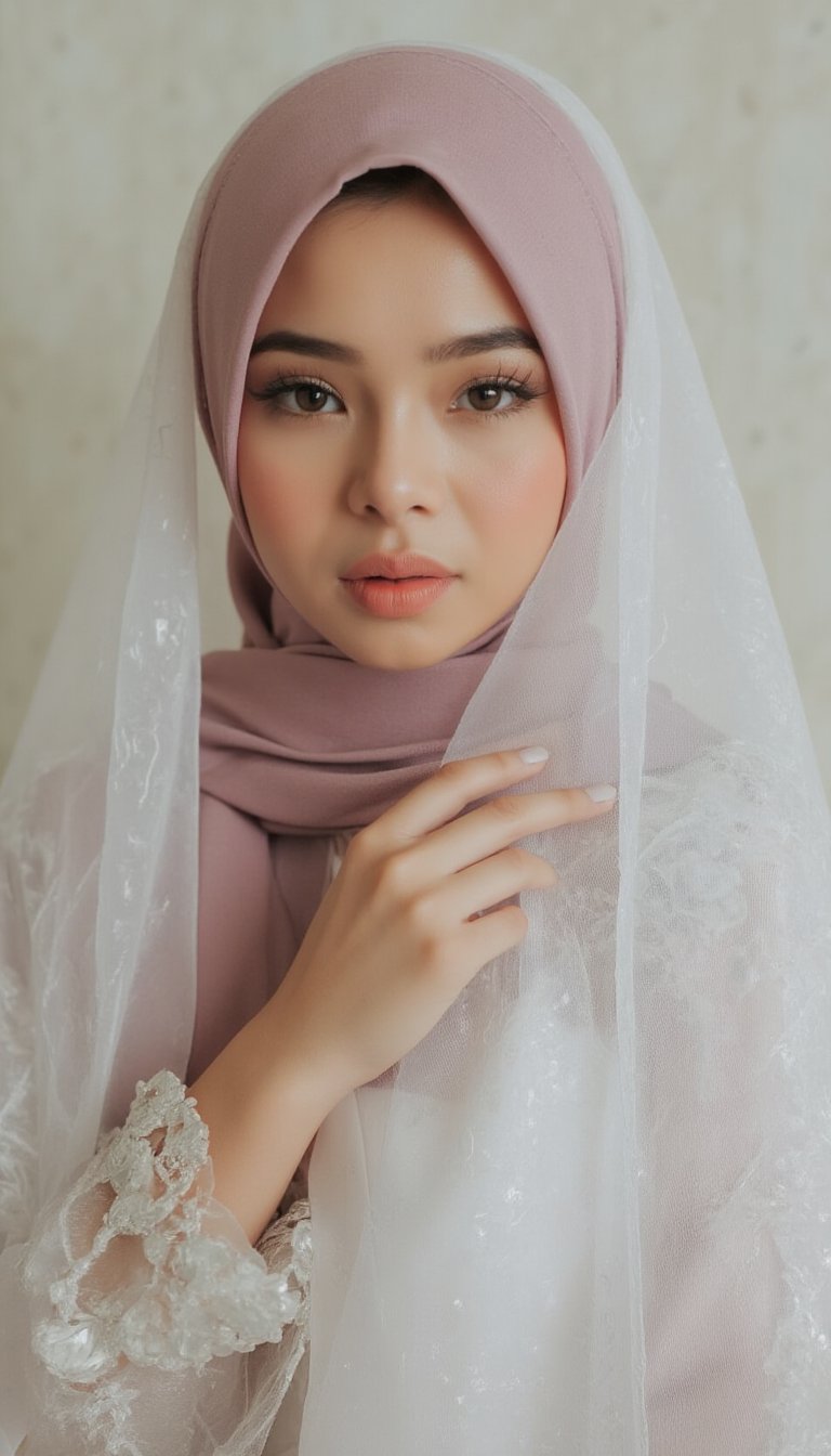 A full shot of a youthful female wearing sheer full hijab with white sheer material,