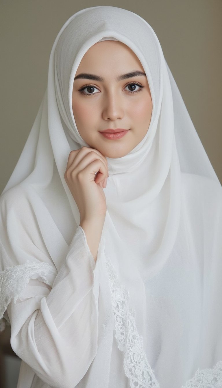 A full shot of a youthful female wearing sheer full hijab with white sheer material,CK