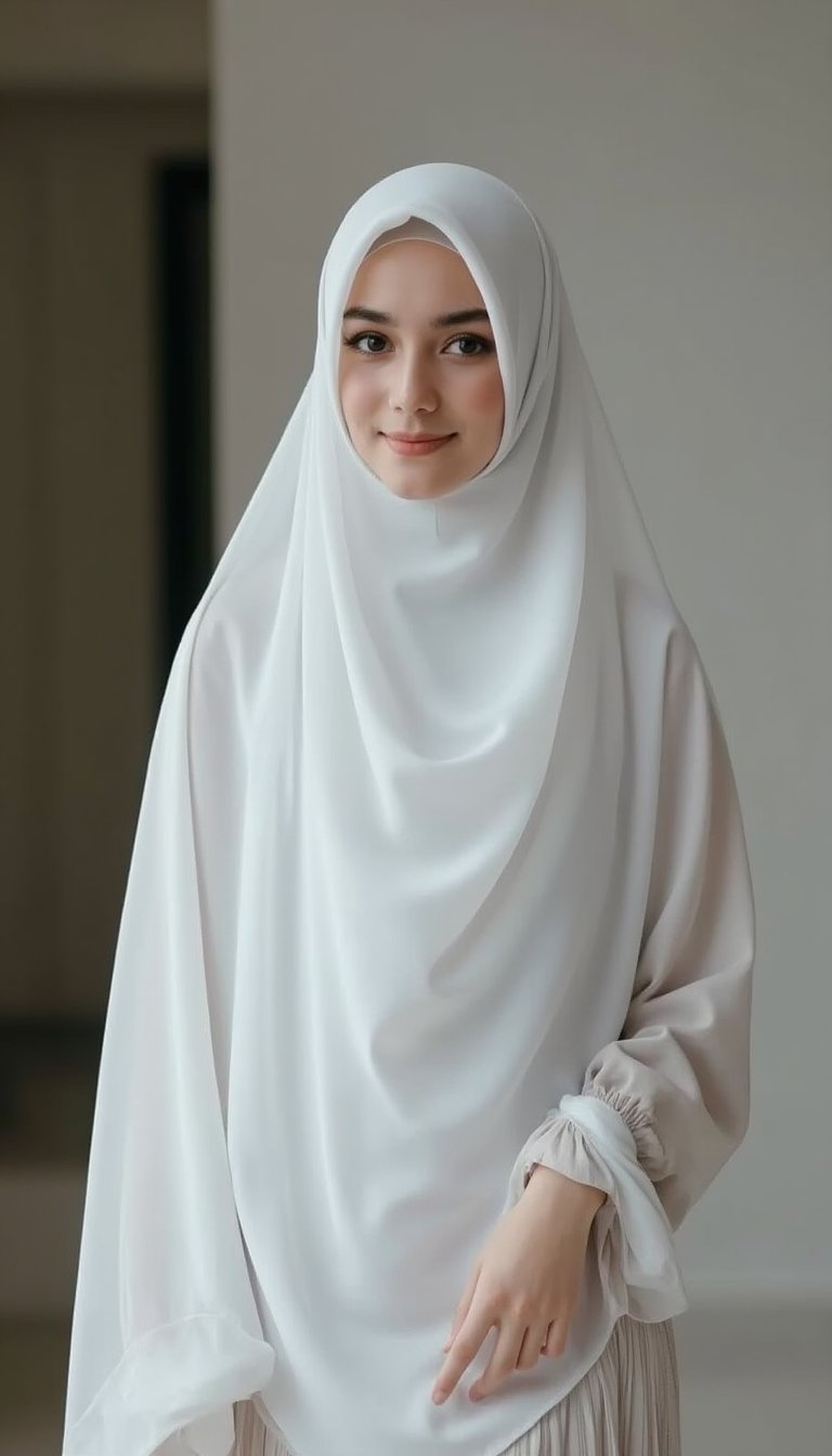 A full body shot of a youthful female wearing sheer full hijab with white sheer material,CK