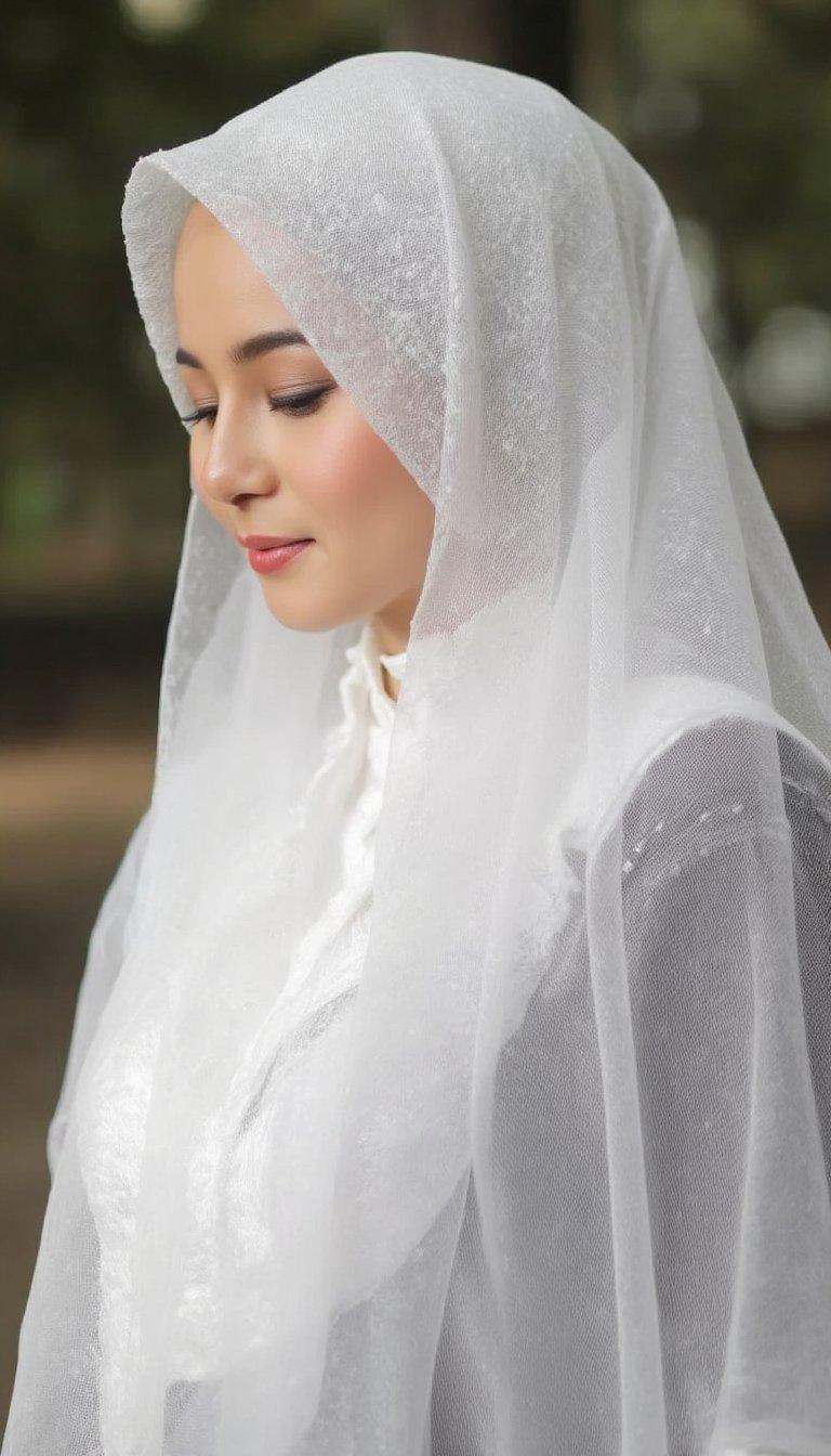 A full shot of a youthful female wearing sheer full hijab with white sheer material,