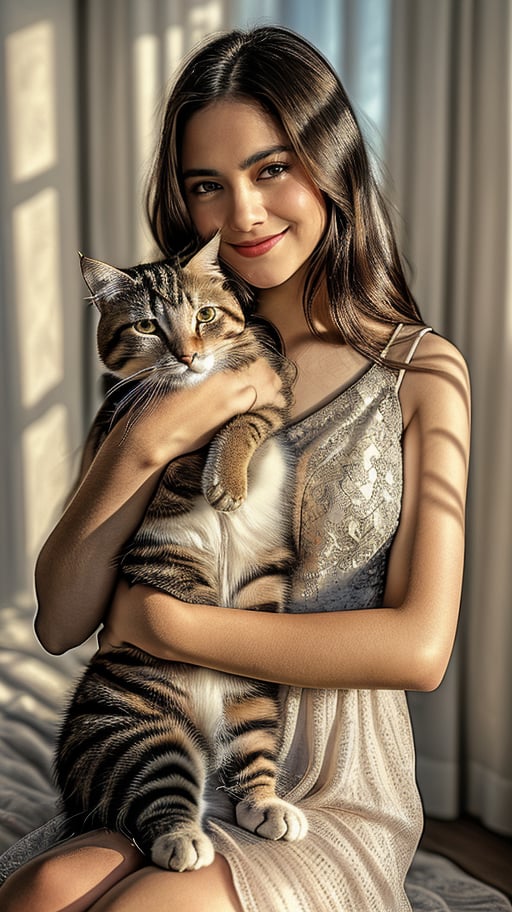 a youthful woman with a gentle smile cradling a fluffy cat. The shot, taken with a DSLR camera, boasts hyper-realistic detail. Sunlight filters through a nearby window, highlighting the intricate textures of the woman's light, airy dress and the soft, intricate fur patterns of the cat she holds lovingly. Each strand of hair, the subtle expressions in their eyes, and the delicate interplay of shadows and light are rendered with astounding clarity and depth. This image, rich in detail and emotion, showcases the bond between human and pet, evoking a sense of warmth and serenity.