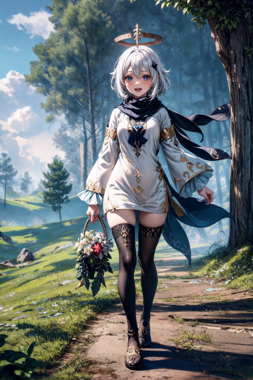 a woman in the forest in a shirt and cape, blush, smile, short hair, open mouth, bangs, blue eyes, tights, long sleeves, dress, hair between the eyes, white hair, :d, sky, day, cloud, scarf, white dress, white thigh, blue sky, halo, single thigh, waving, halo on head, floating in the air, paimon, golden details on clothes, (genshin impact),(((FULL BODY)))
photon mapping
more details
16k, HDR, cg, 3d, maintains maximum image details, photography, high resolution, Anti Aliasing,