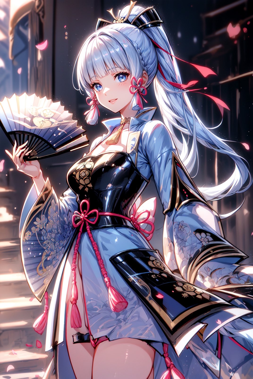 a girl in a dress holding a sword, long hair, smile, bangs, blue eyes, hair ornament, gloves, ribbon, platinum white hair, hair ribbon, ponytail, side locks, Japanese clothes, blunt bangs, armor, mole , arm up, fan hand, ice, braid ribbon, breastplate, armored dress, Japanese armor, snowflakes, holding fan, kamisato ayaka,genshin impcat,
skin, realistic,BODY
photon mapping
more details
16k,Hdr,cg, 3d, maintain maximum image detail,photography,high resolution,Anti Aliasing,(((SEXY)))








