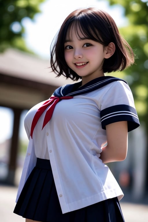 1 girl, 18yo, open mouth, smile ,short hair,  (drooping eye), extrereamly cute face, round face,  rim light, blurry background, plump cheeks, micro black skirt,sailor_girls, boob cartain, viewed_from_below ,<lora:659111690174031528:1.0>