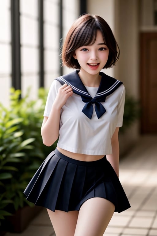 1 girl, 16yo, open mouth, smile ,short hair,  (drooping eye), extrereamly cute face, round face,  slim body, rim light, blurry background, plump cheeks, micro black skirt,sailor_girls, boobs, perky breasts, nipples,<lora:659111690174031528:1.0>