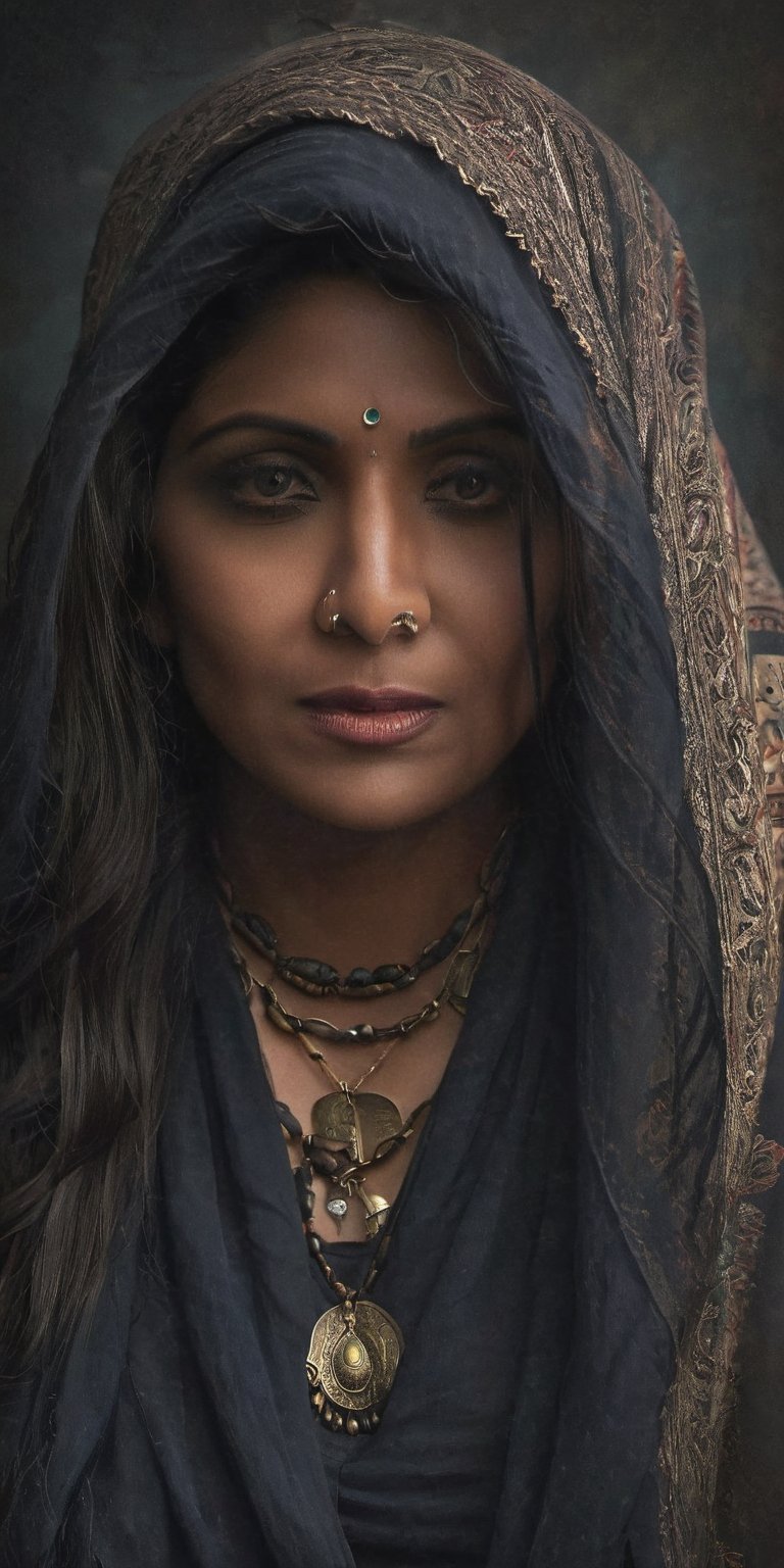 Generate hyper realistic image of an INDIAN PRIESTESS woman cloaked in shadows, her features obscured, with piercing eyes that reflect an ancient and ominous wisdom, embodying the essence of a mistress who commands the darkness.