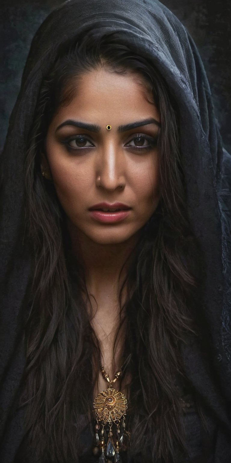 Generate hyper realistic image of an INDIAN PRIESTESS woman cloaked in shadows, her features obscured, with piercing eyes that reflect an ancient and ominous wisdom, embodying the essence of a mistress who commands the darkness.