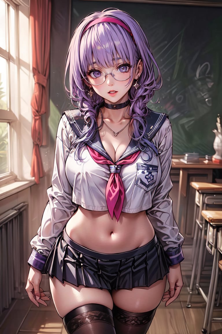 (masterpiece:1.5), (big breasts), 1 girl, young woman, (Beautiful Girl:1.5), (extremely detailed and delicate anime face and eyes:1.5), whole body, (natural light, HDR, extremely details CG:1.3), (dynamic posture:1.3), {correct body anatomy}, (wide hips:1.4), (perfect hands:1.3), single focus, toned body, Beautiful Lips, thick lips, {surreal}, {correct posture}, {minutes details}, {detailed body}, {detailed clothing}, {Bright Eyes}, (cleavage: 1.3), {accessories}, {sexy}, {solo}, school uniform, sailor suits, (school sailor suit: 1.5), white sailor uniform, (sailor fuku: 1.3), zettai ryoiki, (navy blue pleated skirt: 1.3), Navy blue skirt, (black shirt: 1.5), (black long sleeves: 1.3), (navy blue sailor collar: 1.3), serafuku, (brown thighhighs: 1.5), ribbon, (green neckerchief: 1.3), green sailor tie, bracelets, white choker, dark brown heels shoes, earrings, (hairband, hair accessories: 1.5), (glasses: 1.5), necklace, (low tied long hair: 1.3), (two-tone hair: 1.5), (purple hair: 1.5), (lavender hair: 1.3), (lavender hair: 1.3), (sidelocks: 1.5), (hime cut, straight short bangs: 1.5), glowing hair, (bright pink eyes: 1.3),