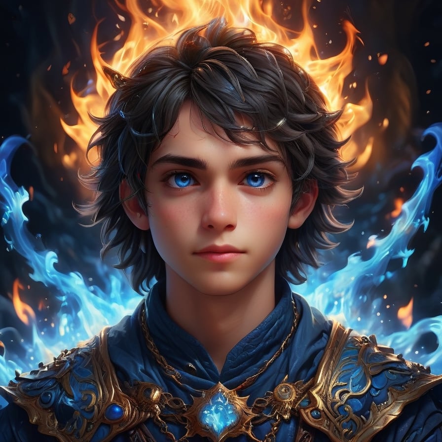 In breathtaking 4K resolution,  An ultra hd detailed painting of many different types of god by AI, generative art, intricate patterns, fractalism, movie still, photorealistic,Portrait of a handsome boy surrounded by blue fire, some blue water, the middle ages, highly detailed, artstation, illustration, 8 k quality , full body in the frame,  adding an alluring charm to the spectral ambiance, highly detailed, 8k, post-processing, digital painting, trending on pinterest, concept art, sharp focus, illustration, soft smile,,<lora:659095807385103906:1.0>