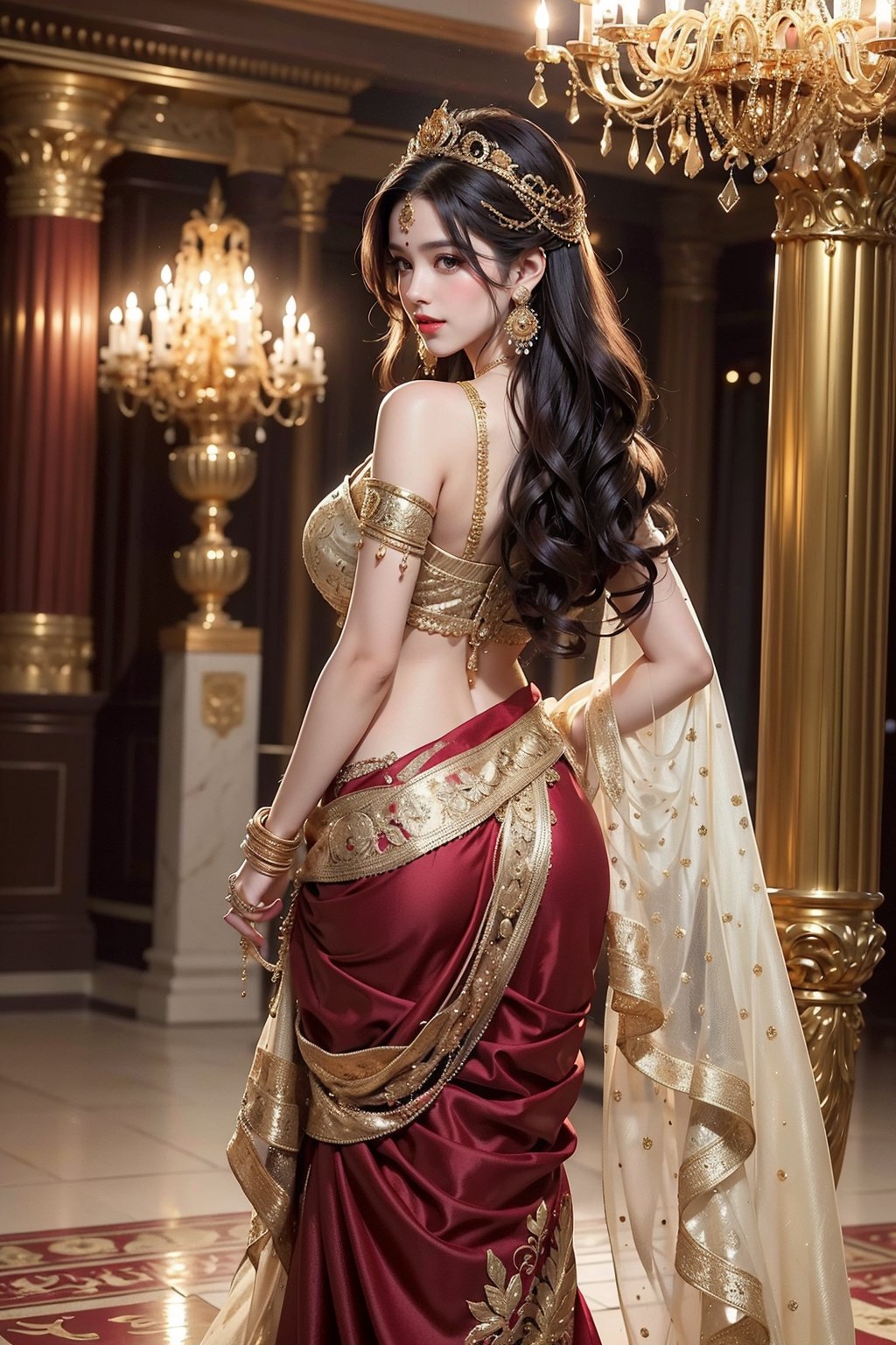 1girl, solo, long hair, looking at viewer, smile, black hair, dress, holding, brown eyes, jewelry, standing, earrings, looking back, from behind, saree, realistic, red lips,Realistic

5a women with ,extra boob ,Grand Hall Entrance:Princess Leonor makes a grand entrance into an opulent hall adorned with gilded accents and luxurious draperies. She wears a regal gown of deep burgundy velvet, with a fitted bodice that highlights her elegant figure and a dramatic high-low skirt that reveals her slender legs. The gown features intricate gold embroidery along the neckline and hem, adding a touch of royal splendor. Her long hair is styled in soft, cascading waves, adorned with a gold tiara and matching hairpins. She wears statement gold earrings and a necklace that complements the richness of her gown. As she glides through the hall, her presence commands attention and admiration, blending seamlessly with the grandeur of the setting. Hot lagre boobs  