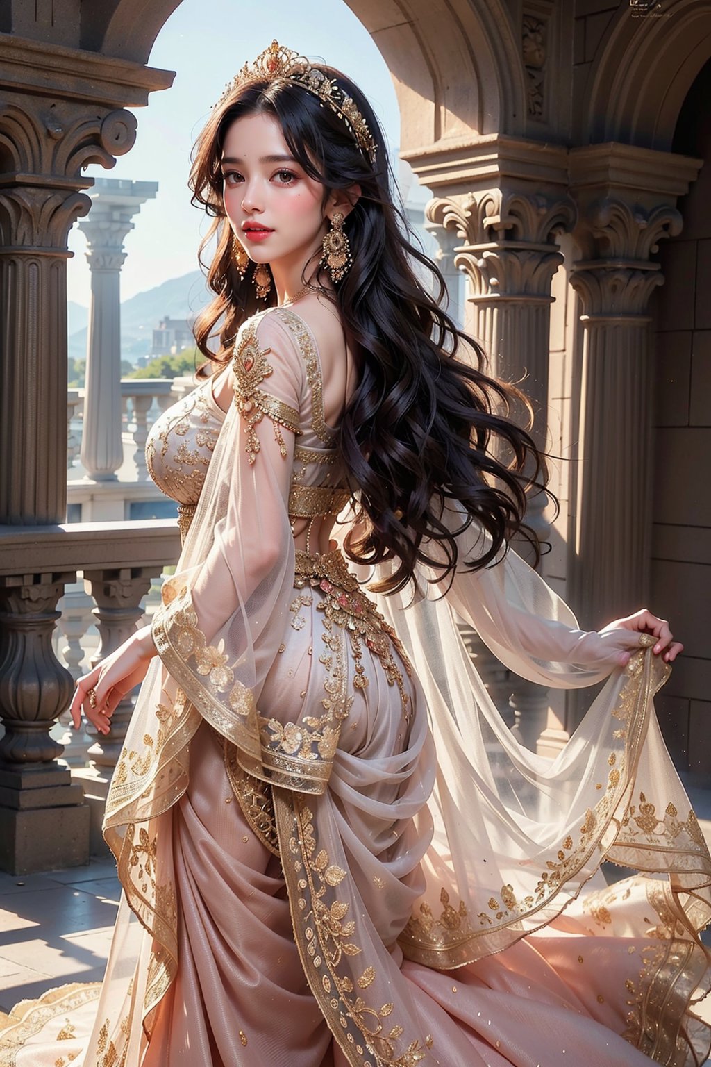 1girl, solo, long hair, looking at viewer, smile, black hair, dress, holding, brown eyes, jewelry, standing, earrings, looking back, from behind, saree, realistic, red lips,Realistic

5a women with ,extra boob ,Majestic Castle Balcony:Princess Leonor stands on a grand castle balcony overlooking a breathtaking landscape of rolling hills and distant mountains. She wears an exquisite gown of soft blush pink, with layers of tulle and satin that cascade in delicate folds. The dress is designed to highlight her figure with a fitted bodice and a high slit that reveals a glimpse of her slender legs. The gown features intricate floral embroidery and shimmering beading that catches the light with every movement. Her long hair is elegantly styled in loose waves, adorned with a delicate flower crown that complements her ensemble. The scene is serene and romantic, with Leonor’s poised stance and gentle smile reflecting the tranquility of the moment. The backdrop of the expansive landscape and the ornate details of her gown create a striking contrast, emphasizing her regal beauty.