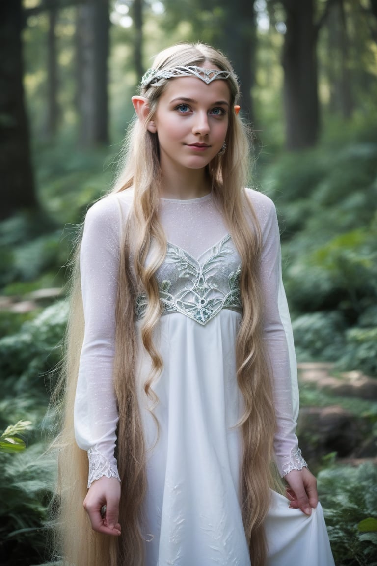 Full body,real life photo,score_9, score_8_up, score_7_up,30 year old female,fitted dress, statuesque female, elvish noble FEMALE,majestic female, gorgeous female,
galadriel, elf, (very long hair:1.3), silver tiara, blonde hair, fully clothed in white fitted dress, sleeves, daylight, detailed hands ,perfect photografy, cute girl, young and beautiful,mastepies, 1girl, small tits, realistic,young face, detailed fingers, lothlorien scenery, fantasy forest, looking at viewer,