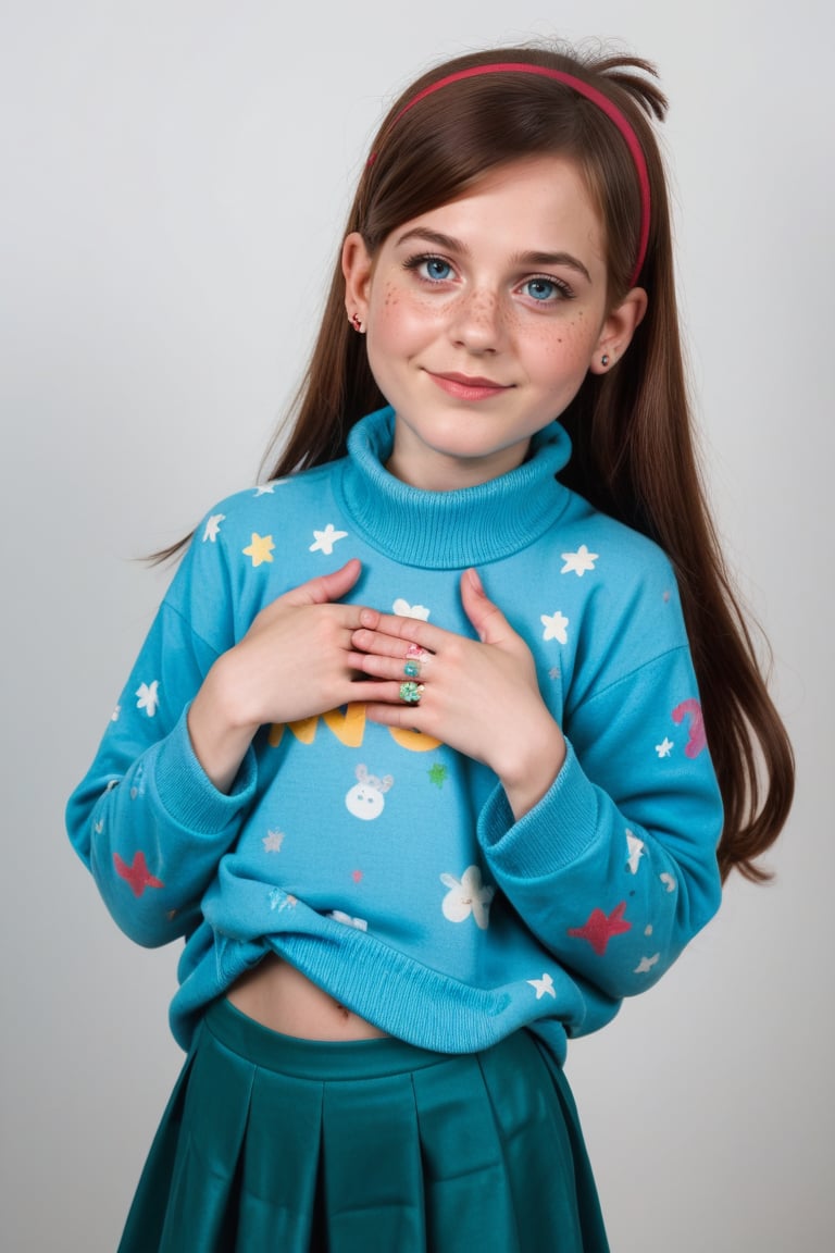 Full body,Mabel,mabel pines, detailed hands, detailed fingers, detailed pussy,fully clothed, real life photo,score_9, score_8_up, score_7_up, girl wearing sweater and skirt,skinny girl,detailed hands,(12 year old teenage girl:1.4),mastepies, 1girl, tiny tits, lips, realistic, young face, detailed fingers