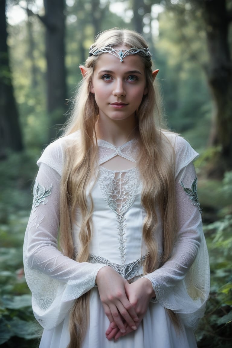 real life photo,score_9, score_8_up, score_7_up,young female, statuesque female, elvish noble FEMALE,majestic female, gorgeous female,
galadriel, elf, (very long hair:1.3), silver tiara, blonde hair, fully clothed in white dress, sleeves, daylight, detailed hands ,perfect photografy, cute girl, young and beautiful,mastepies, 1girl, small tits, realistic,young face, detailed fingers, lothlorien scenery, fantasy forest, looking at viewer,