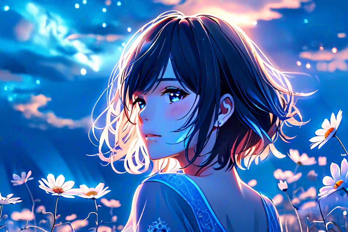 32K ultra-clear wallpaper, anime style, anime girl, night, blue light behind her, (galaxy, lens flare), short hair, flower field, night sky, movie shot. wallpaper. Blue color scheme, detailed background, city in the distance