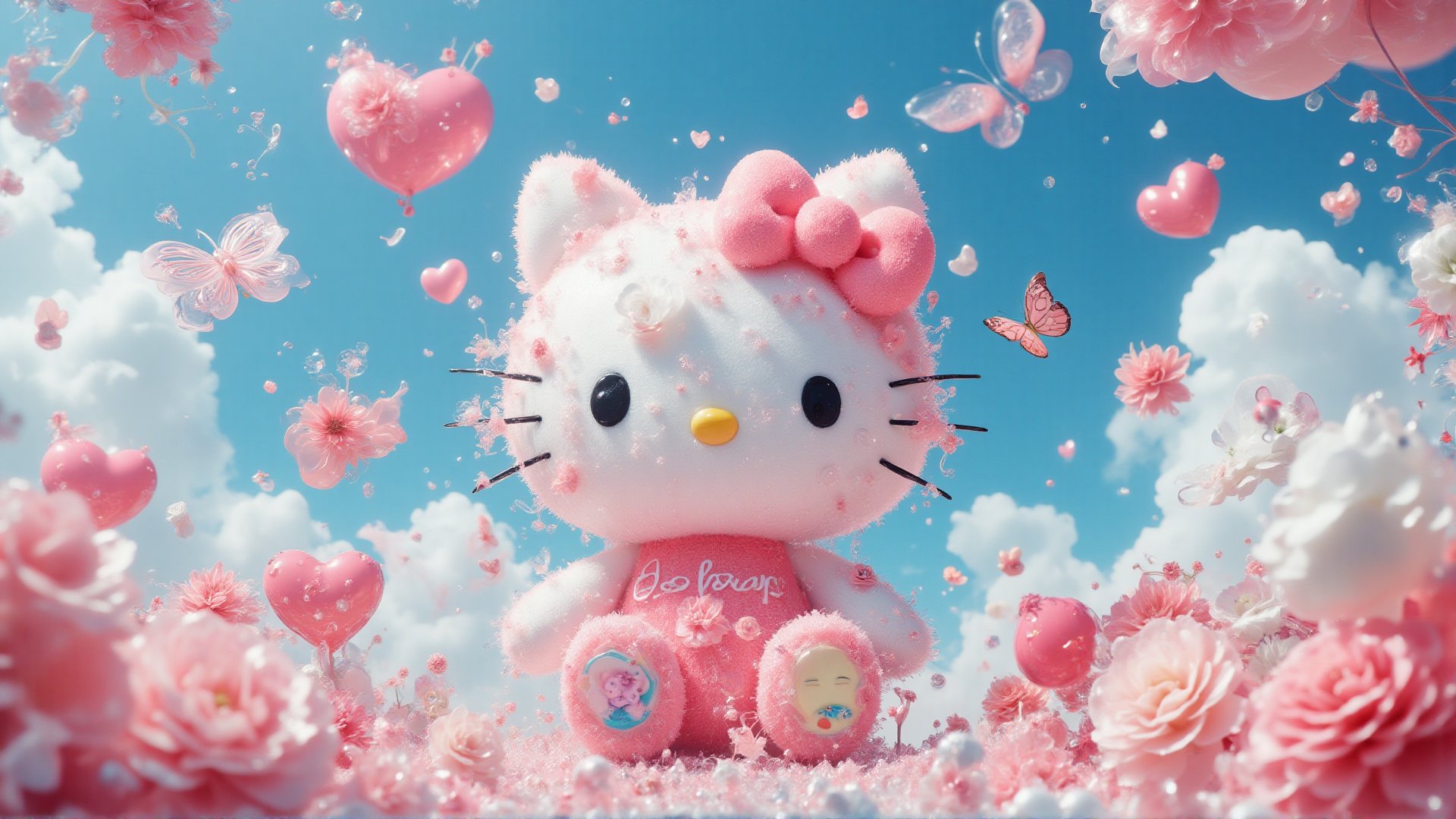 A pink Hello Kitty plush toy is in the center of the screen, with red, white and yellow heart-shaped balloons floating in the sky around it, and a background of flowers and flying butterflies. High-quality masterpiece 8K