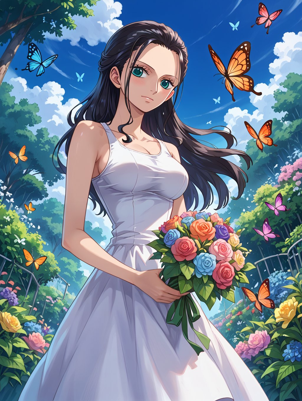 ink outline, fine detail rendering, bright colors, 1girl, front view, looking at the viewer, girl is Nico Robin from One Piece anime, white dress, white high heels. Holding a bouquet of flowers in both hands, blush, surrounded by flowers, butterflies flying around, wide angle shot, garden, blue sky and white clouds, dreamy, mysterious, most fashionable, most stylish, dark background, detailed background, exquisite details in every detail, perfect composition, masterpiece, best quality, 8k, ultra detailed, very clear, perfect anatomy, anatomically correct hands, beautiful face, beautiful eyes, detailed eyes, beautiful hair, detailed hair, anime,onepiece_nico_robin,score_9, score_8_up, score_7_up, source_anime